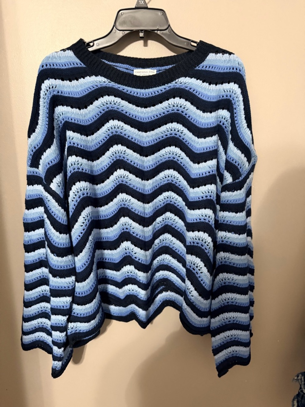 Chic Soul Navy & Light Blue Striped Crochet Crew Sweater